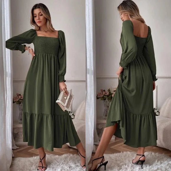 Shirred bust square neck long sleeve ruffle maxi dress boho gypsy neutral cream - Picture 10 of 10